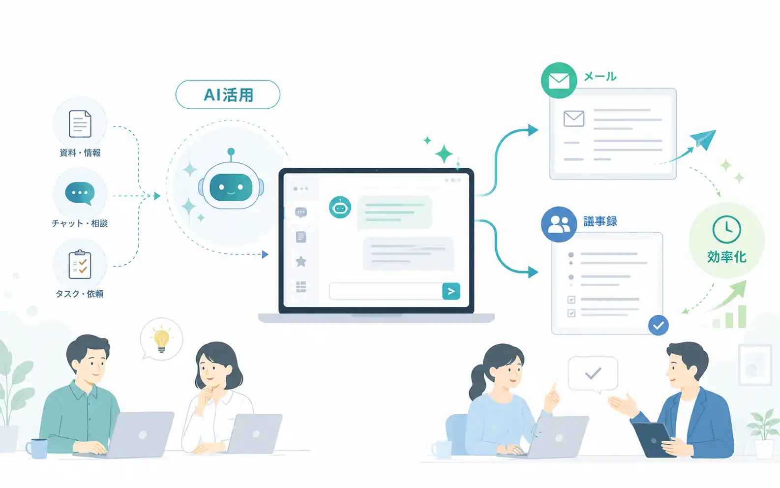 中小企業がAIを使ってメール作成や議事録整理などの事務作業を効率化するイメージ
