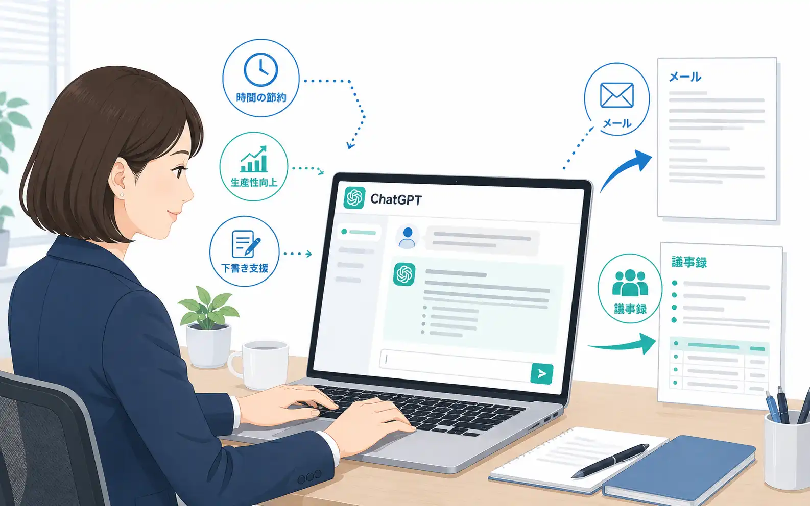 中小企業の担当者がChatGPTを使ってメールや議事録などの業務文書を作成するイメージ