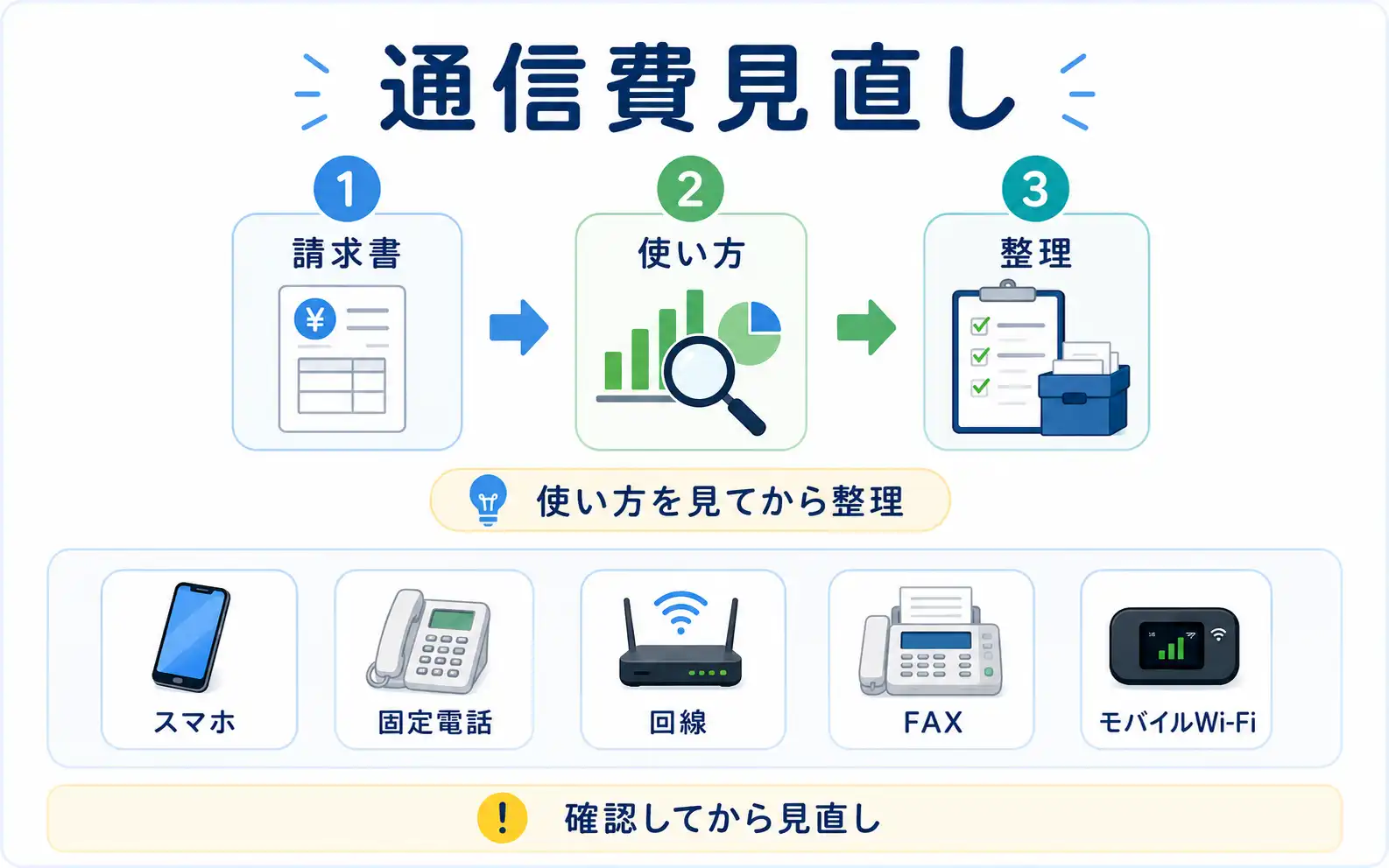 法人や個人事業主がスマホ・固定電話・ネット回線の通信費を見直すイメージ