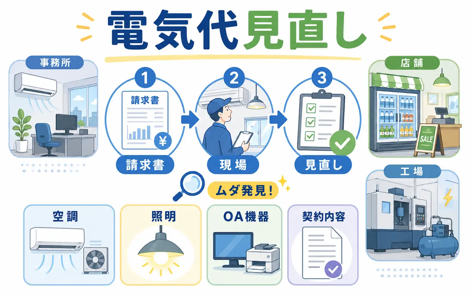 中小企業の事務所で空調や照明の電気代を見直すイメージ