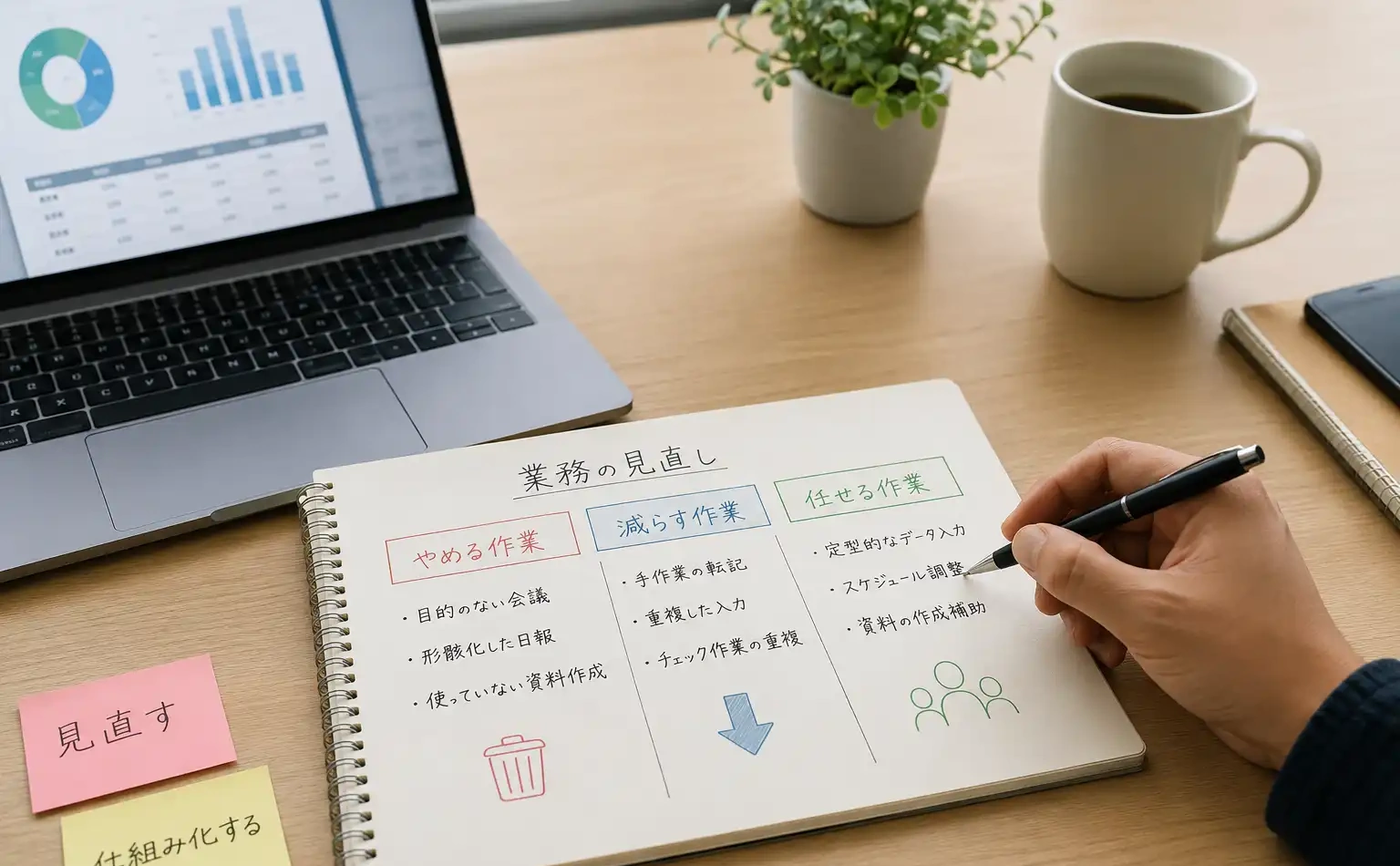 人手不足の中小企業が少人数で業務を分担して進めるイメージ