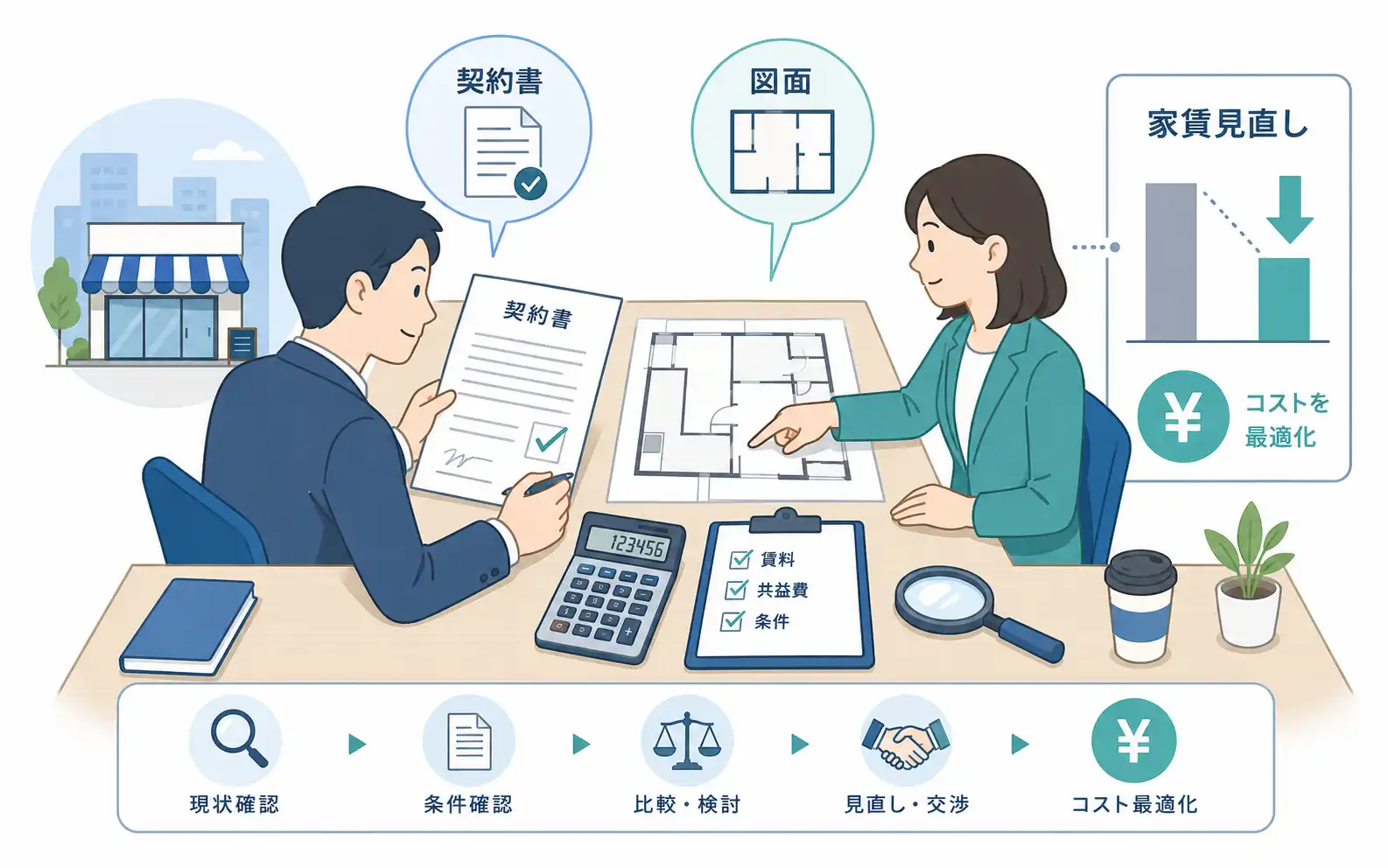 中小企業が事務所や店舗の家賃を見直すために契約書と図面を確認するイメージ