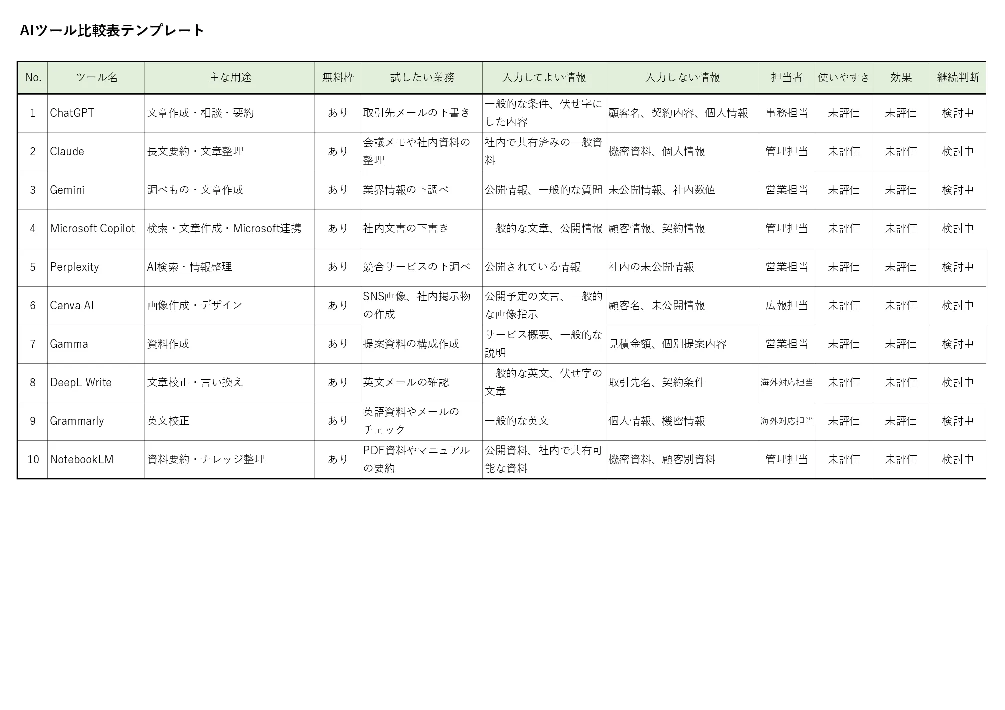 AIツール比較表テンプレートのExcel見本